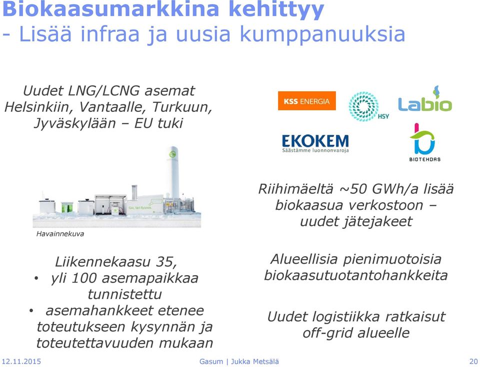 kysynnän ja toteutettavuuden mukaan Riihimäeltä ~50 GWh/a lisää biokaasua verkostoon uudet jätejakeet Alueellisia