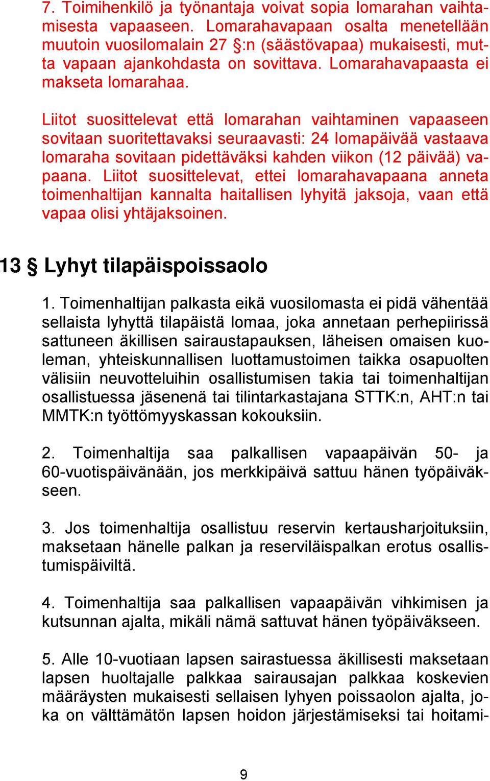 Liitot suosittelevat että lomarahan vaihtaminen vapaaseen sovitaan suoritettavaksi seuraavasti: 24 lomapäivää vastaava lomaraha sovitaan pidettäväksi kahden viikon (12 päivää) vapaana.