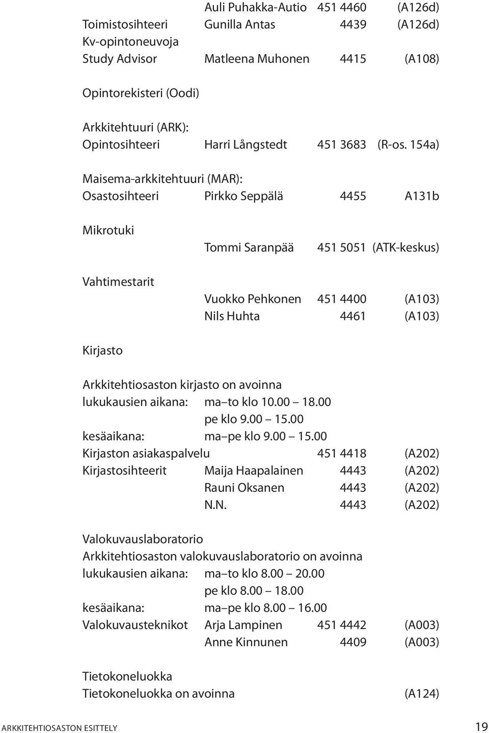 154a) Maisema-arkkitehtuuri (MAR): Osastosihteeri Pirkko Seppälä 4455 A131b Mikrotuki Tommi Saranpää 451 5051 (ATK-keskus) Vahtimestarit Vuokko Pehkonen 451 4400 (A103) Nils Huhta 4461 (A103)