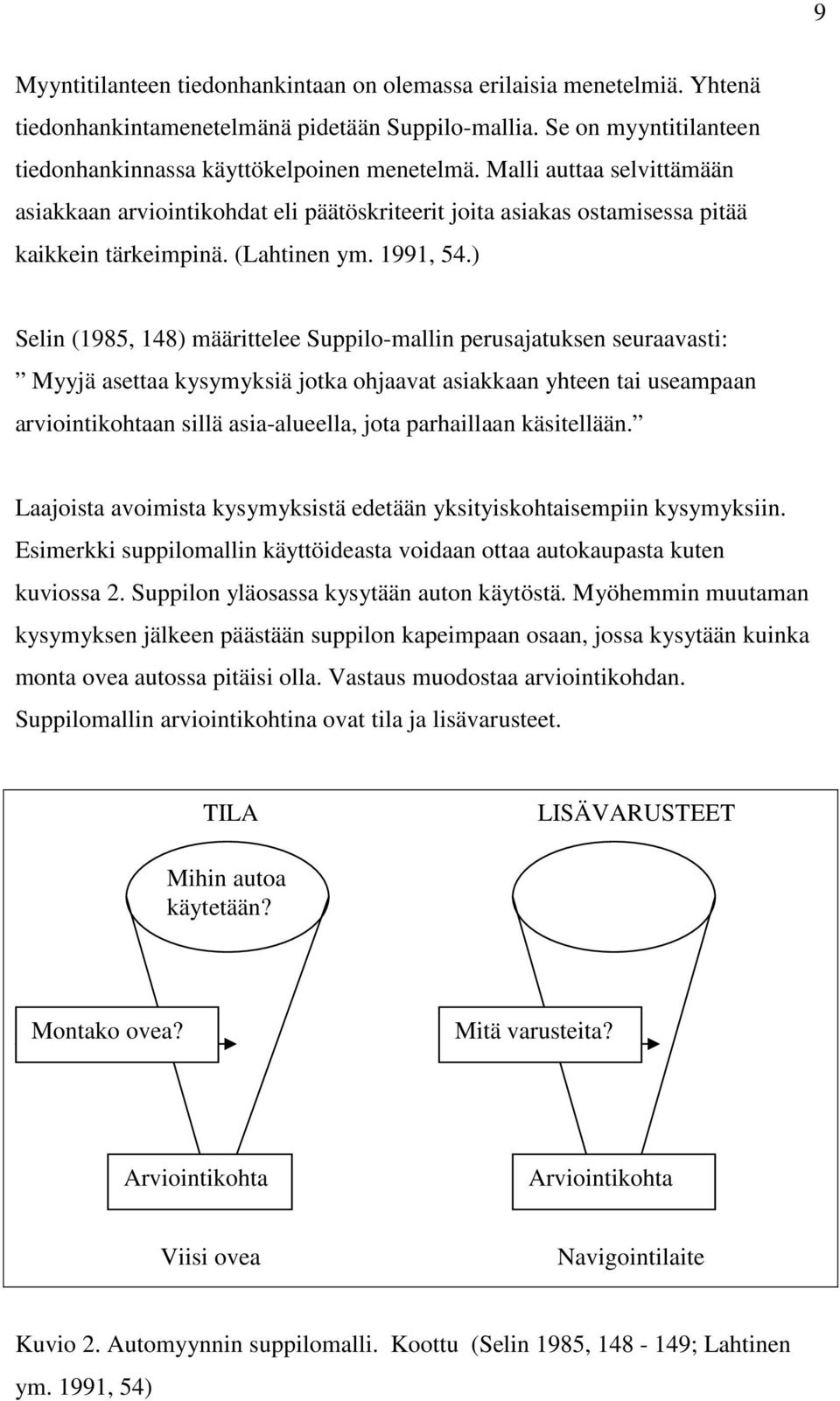 ) Selin (1985, 148) määrittelee Suppilo-mallin perusajatuksen seuraavasti: Myyjä asettaa kysymyksiä jotka ohjaavat asiakkaan yhteen tai useampaan arviointikohtaan sillä asia-alueella, jota