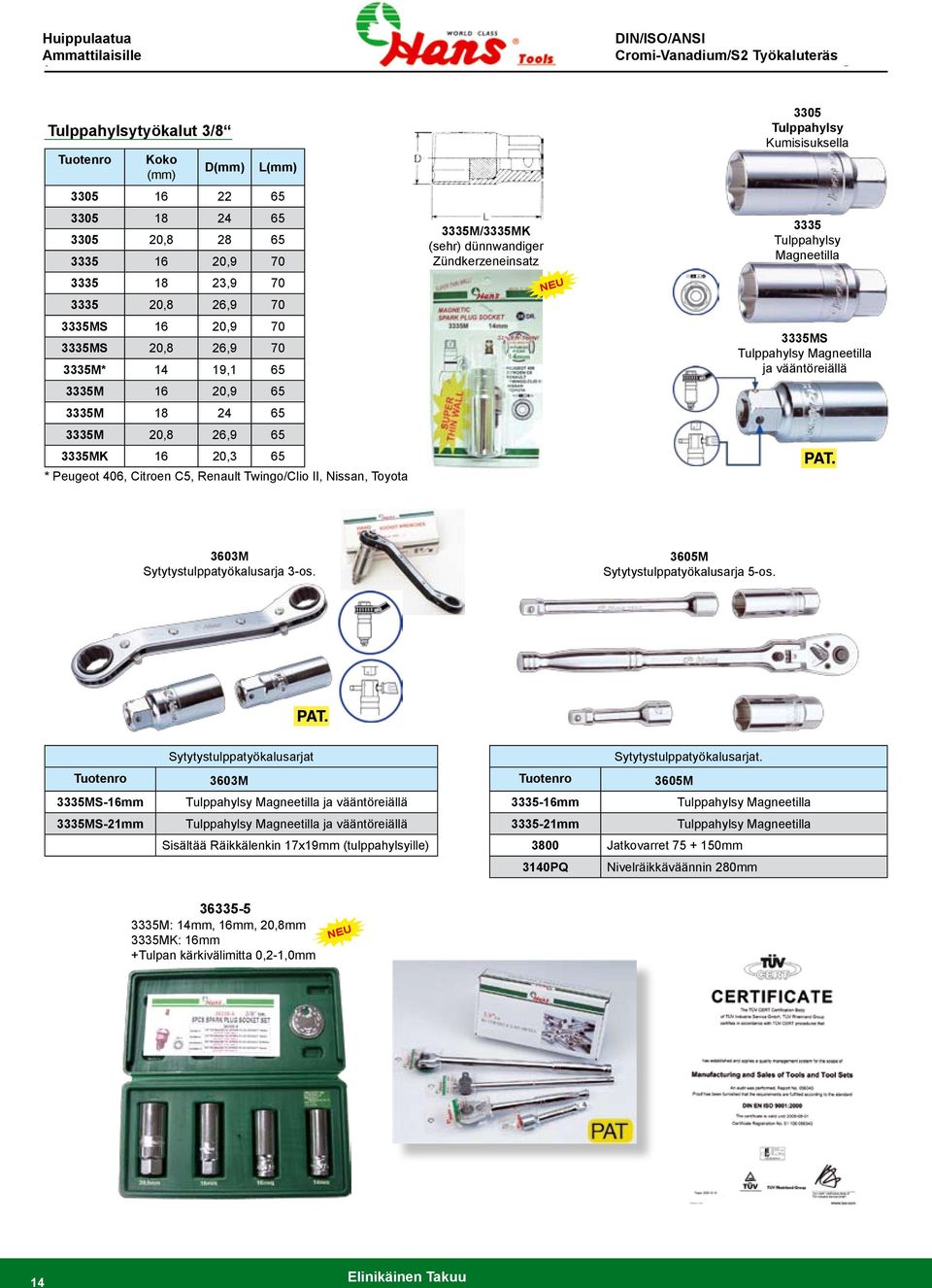 3305 Tulppahylsy Kumisisuksella 3335 Tulppahylsy Magneetilla 3335MS Tulppahylsy Magneetilla ja vääntöreiällä 3603M Sytytystulppatyökalusarja 3-os. 3605M Sytytystulppatyökalusarja 5-os.