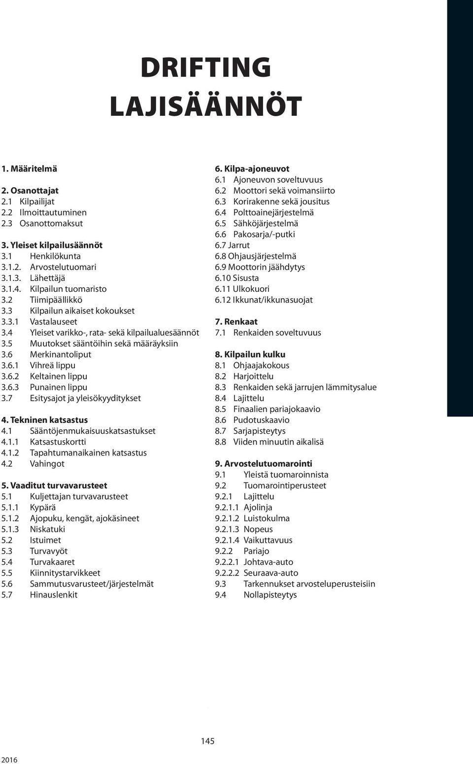 6 Merkinantoliput 3.6.1 Vihreä lippu 3.6.2 Keltainen lippu 3.6.3 Punainen lippu 3.7 Esitysajot ja yleisökyyditykset 4. Tekninen katsastus 4.1 Sääntöjenmukaisuuskatsastukset 4.1.1 Katsastuskortti 4.1.2 Tapahtumanaikainen katsastus 4.