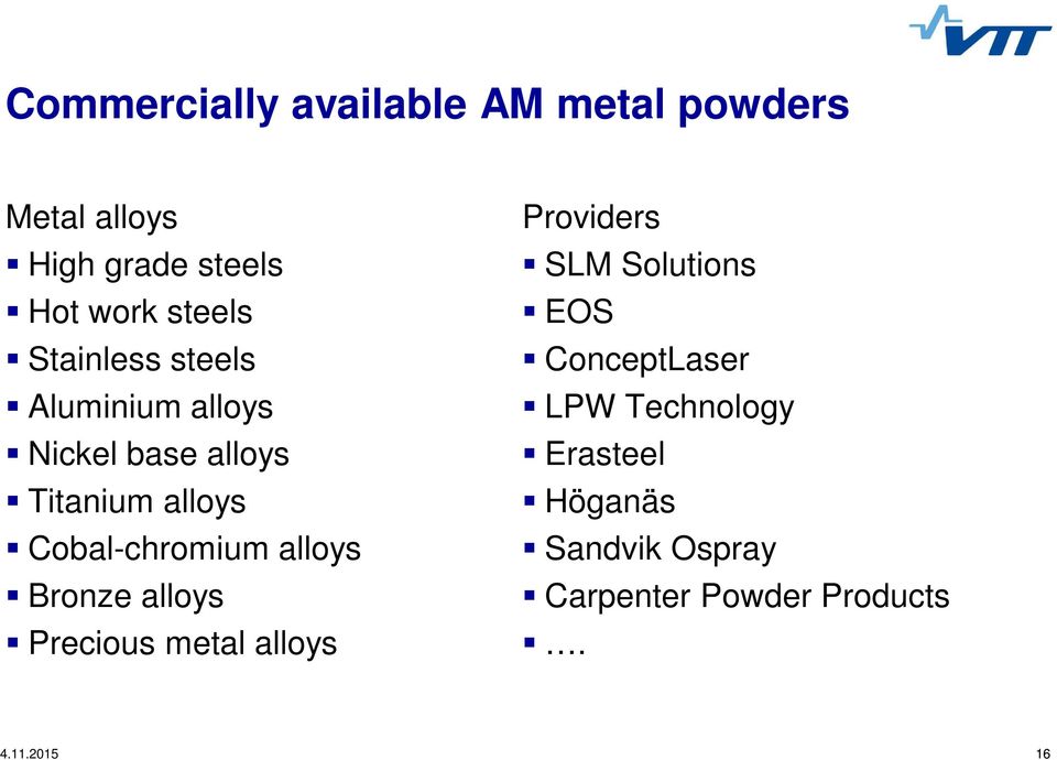Cobal-chromium alloys Bronze alloys Precious metal alloys Providers SLM Solutions EOS
