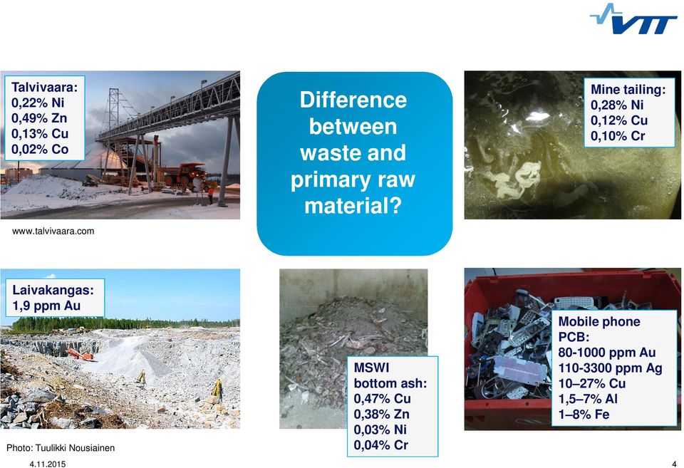 Mine tailing: 0,28% Ni 0,12% Cu 0,10% Cr Laivakangas: 1,9 ppm Au Photo: Tuulikki