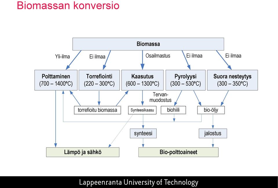 Pyrolyysi (300 530ºC) Suora nesteytys (300 350ºC) torrefioitu biomassa