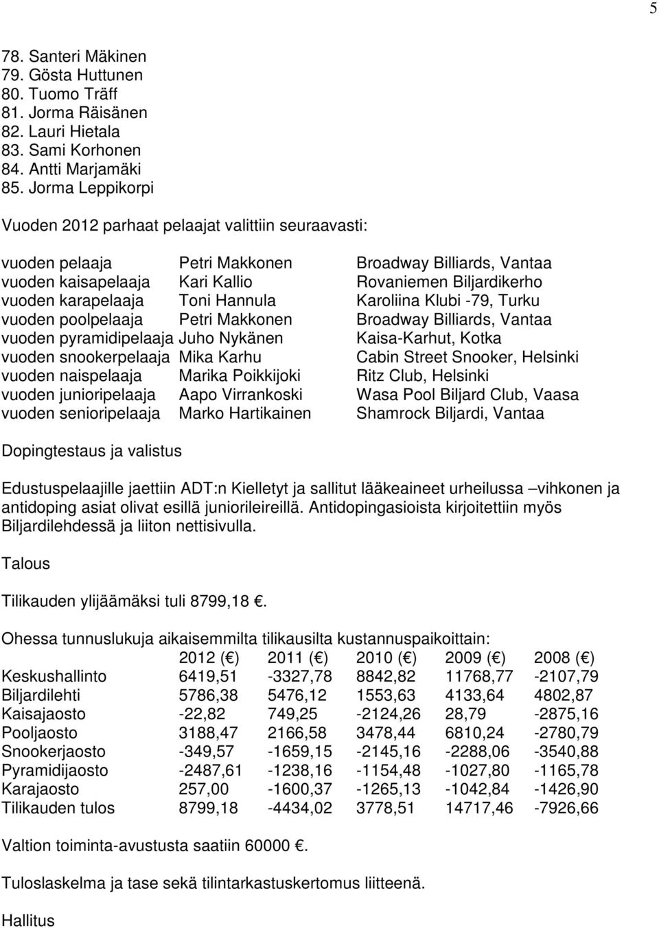 karapelaaja Toni Hannula Karoliina Klubi -79, Turku vuoden poolpelaaja Petri Makkonen Broadway Billiards, Vantaa vuoden pyramidipelaaja Juho Nykänen Kaisa-Karhut, Kotka vuoden snookerpelaaja Mika