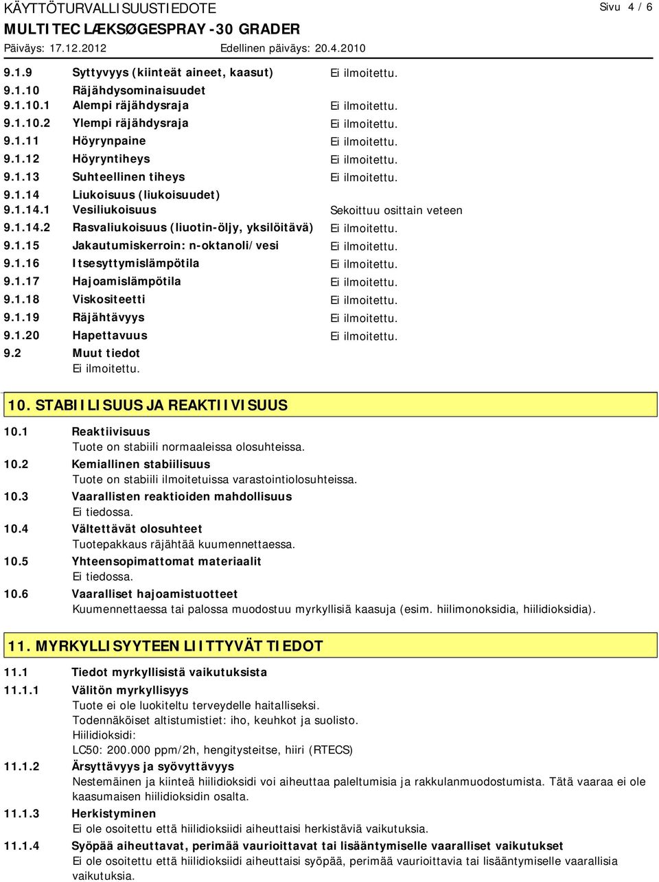 1.17 Hajoamislämpötila 9.1.18 Viskositeetti 9.1.19 Räjähtävyys 9.1.20 Hapettavuus 9.2 Muut tiedot 10. STABIILISUUS JA REAKTIIVISUUS 10.1 Reaktiivisuus Tuote on stabiili normaaleissa olosuhteissa. 10.2 Kemiallinen stabiilisuus Tuote on stabiili ilmoitetuissa varastointiolosuhteissa.