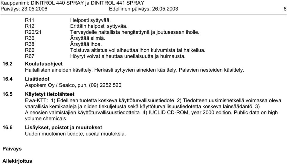 Herkästi syttyvien aineiden käsittely. Palavien nesteiden käsittely. 16.4 Lisätiedot Aspokem Oy / Sealco, puh. (09) 2252 520 16.