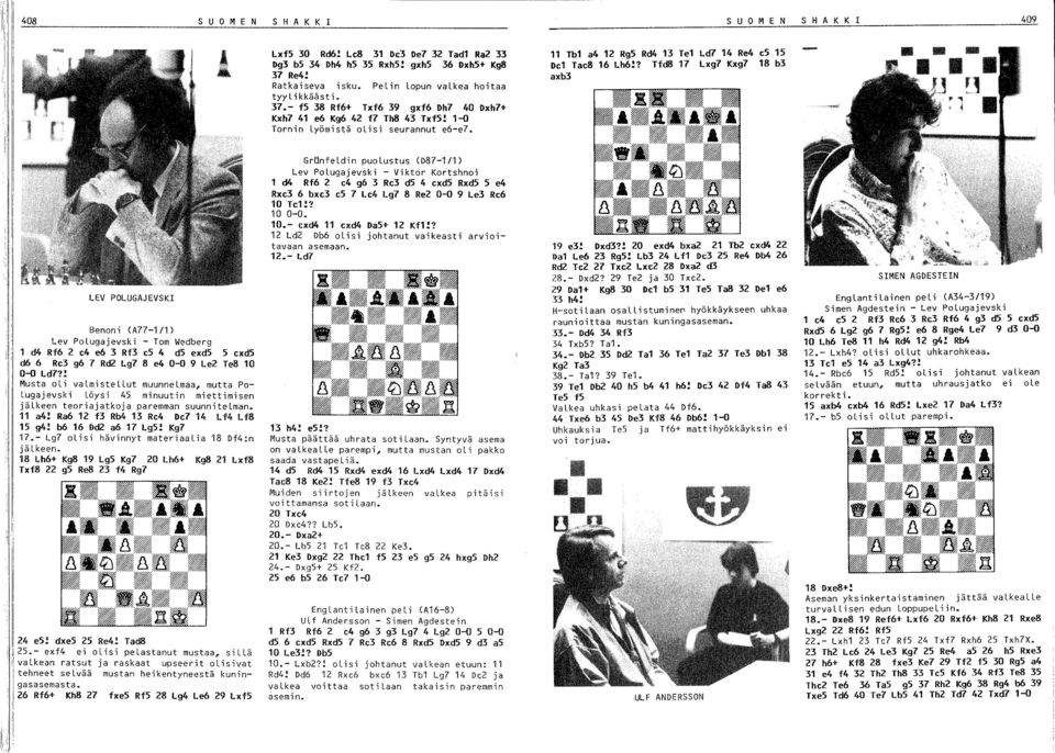 ? TfdB 17 Lxg7 Kxg7 18 b3 axb3 I LEV POLUGAJEVSKI Benoni (A77-1/1) Lev PoLugajevski - Tom Wedberg 1 d4 Rf6 2 c4 e6 3 Rf3 c5 4 d5 exd5 5 cxd5 d6 6 Rc3 g6 7 Rd2 Lg7 8 e4 0-0 9 Le2 Te8 10 0-0 Ld7?