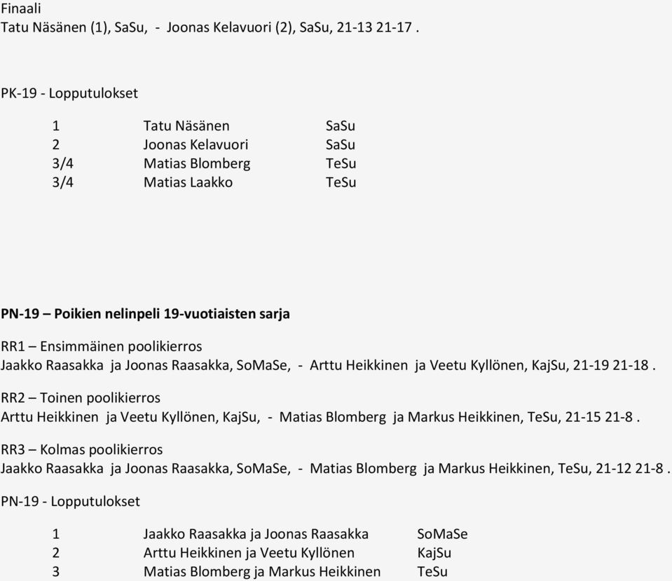 Raasakka ja Joonas Raasakka, SoMaSe, - Arttu Heikkinen ja Veetu Kyllönen, KajSu, 21-19 21-18.