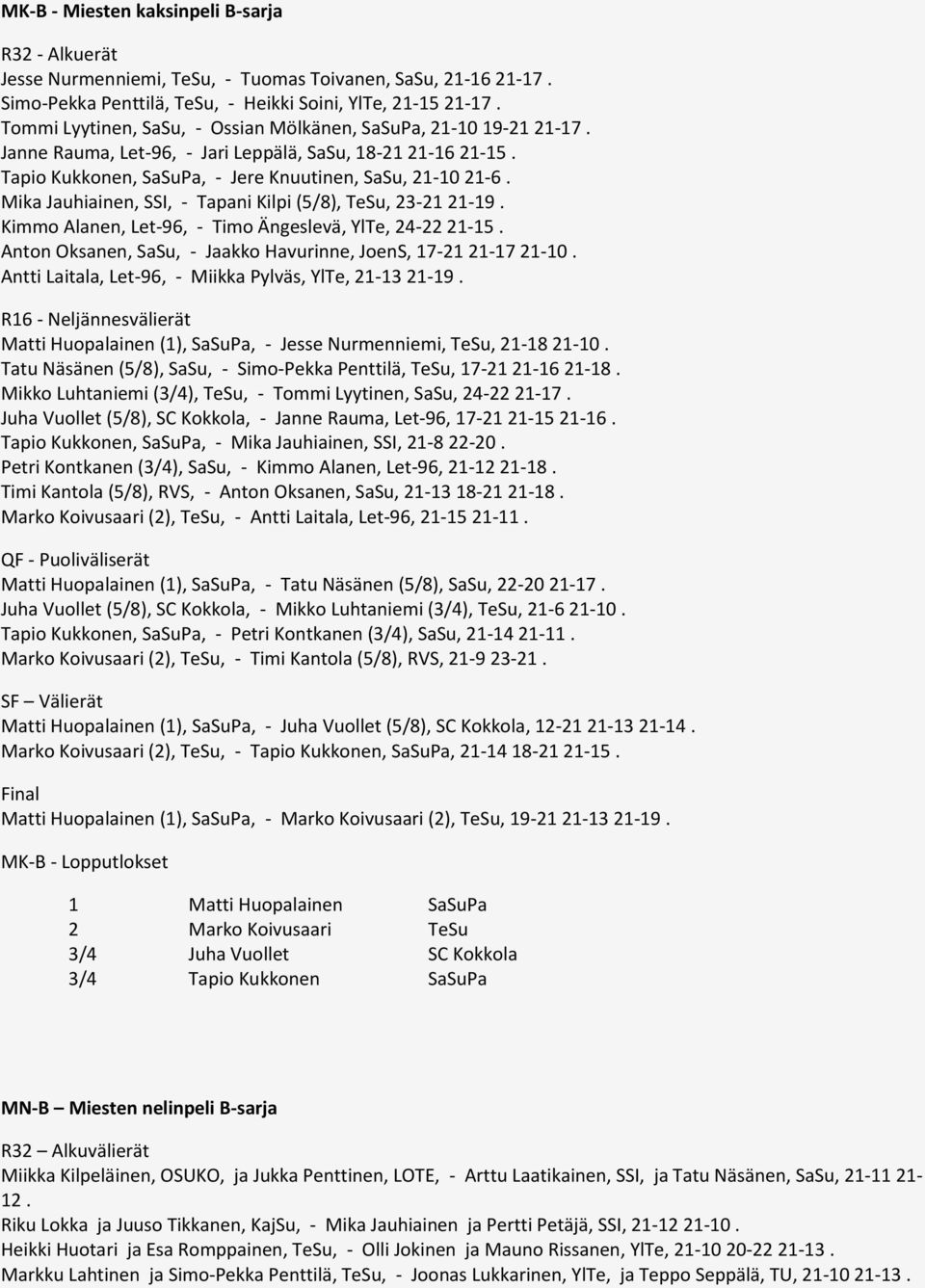 Mika Jauhiainen, SSI, - Tapani Kilpi (5/8), TeSu, 23-21 21-19. Kimmo Alanen, Let-96, - Timo Ängeslevä, YlTe, 24-22 21-15. Anton Oksanen, SaSu, - Jaakko Havurinne, JoenS, 17-21 21-17 21-10.