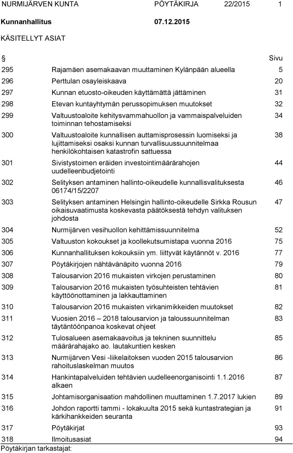 perussopimuksen muutokset 32 299 Valtuustoaloite kehitysvammahuollon ja vammaispalveluiden toiminnan tehostamiseksi 300 Valtuustoaloite kunnallisen auttamisprosessin luomiseksi ja lujittamiseksi