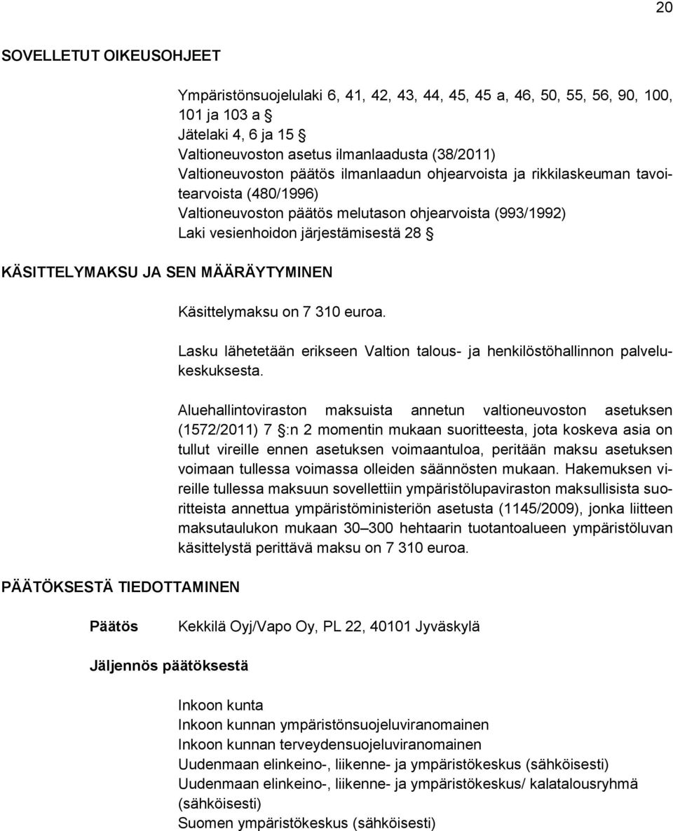 Laki vesienhoidon järjestämisestä 28 Käsittelymaksu on 7 310 euroa. Lasku lähetetään erikseen Valtion talous- ja henkilöstöhallinnon palvelukeskuksesta.
