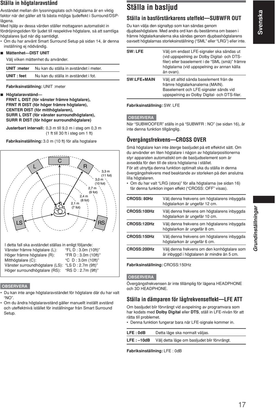 Om du har använt Smart Surround Setup på sidan 14, är denna inställning ej nödvändig. 7 Måttenhet DIST UNIT Välj vilken måttenhet du använder.