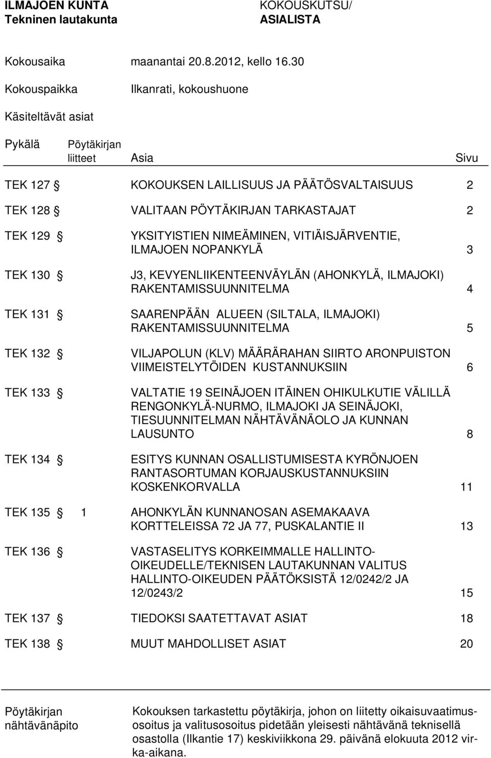 131 TEK 132 TEK 133 TEK 134 YKSITYISTIEN NIMEÄMINEN, VITIÄISJÄRVENTIE, ILMAJOEN NOPANKYLÄ 3 J3, KEVYENLIIKENTEENVÄYLÄN (AHONKYLÄ, ILMAJOKI) RAKENTAMISSUUNNITELMA 4 SAARENPÄÄN ALUEEN (SILTALA,