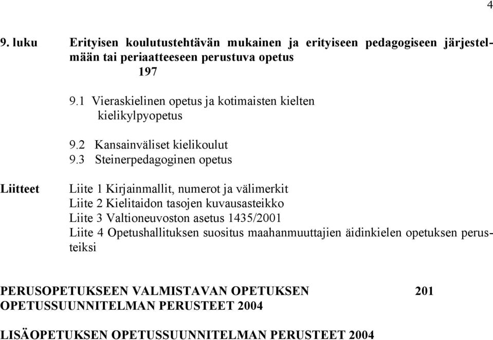 3 Steinerpedagoginen opetus Liitteet Liite 1 Kirjainmallit, numerot ja välimerkit Liite 2 Kielitaidon tasojen kuvausasteikko Liite 3 Valtioneuvoston