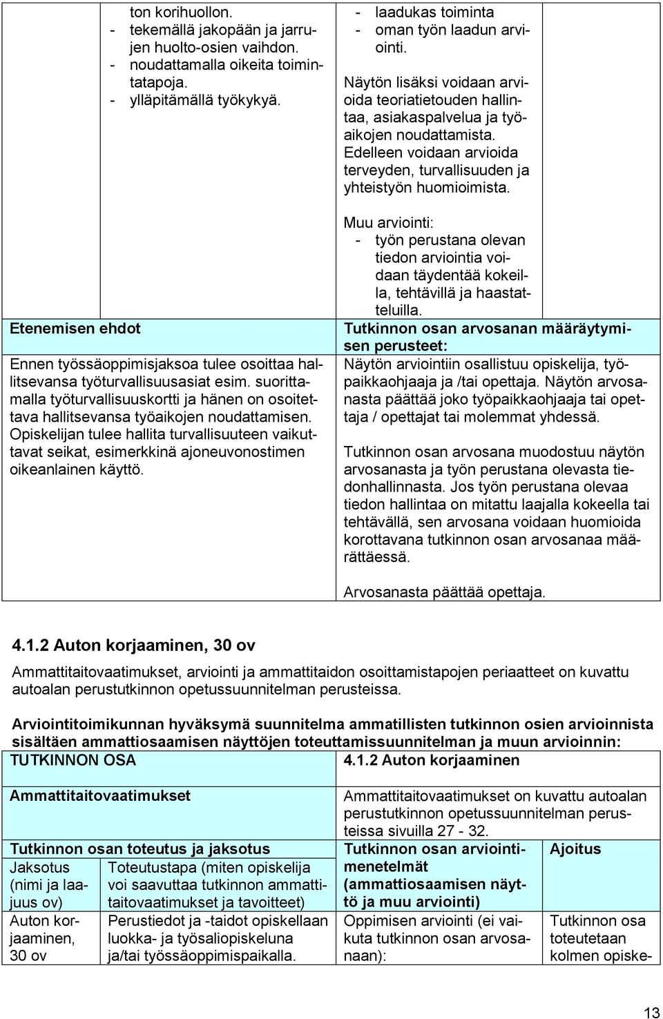 Opiskelijan tulee hallita turvallisuuteen vaikuttavat seikat, esimerkkinä ajoneuvonostimen oikeanlainen käyttö. - laadukas toiminta - oman työn laadun arviointi.