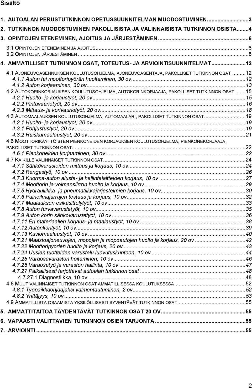 1 AJONEUVOASENNUKSEN KOULUTUSOHJELMA, AJONEUVOASENTAJA, PAKOLLISET T... 12 4.1.1 Auton tai moottoripyörän huoltaminen, 30 ov... 12 4.1.2 Auton korjaaminen, 30 ov... 13 4.