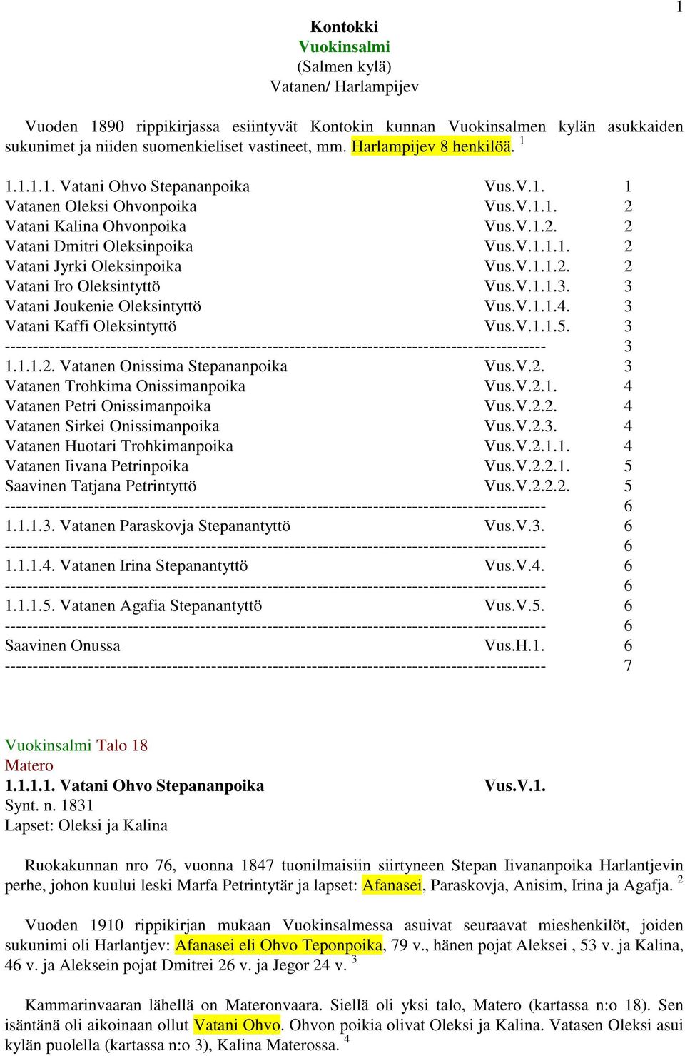 V.1.1.2. 2 Vatani Iro Oleksintyttö Vus.V.1.1.3. 3 Vatani Joukenie Oleksintyttö Vus.V.1.1.4. 3 Vatani Kaffi Oleksintyttö Vus.V.1.1.5. 3 3 1.1.1.2. Vatanen Onissima Stepananpoika Vus.V.2. 3 Vatanen Trohkima Onissimanpoika Vus.