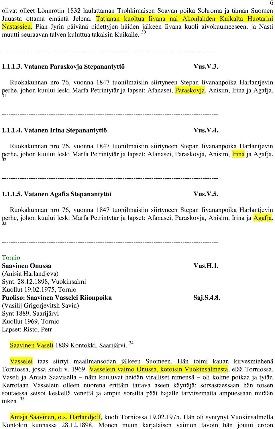 1.1.1.3. Vatanen Paraskovja Stepanantyttö Vus.V.3. perhe, johon kuului leski Marfa Petrintytär ja lapset: Afanasei, Paraskovja, Anisim, Irina ja Agafja. 31 1.1.1.4.