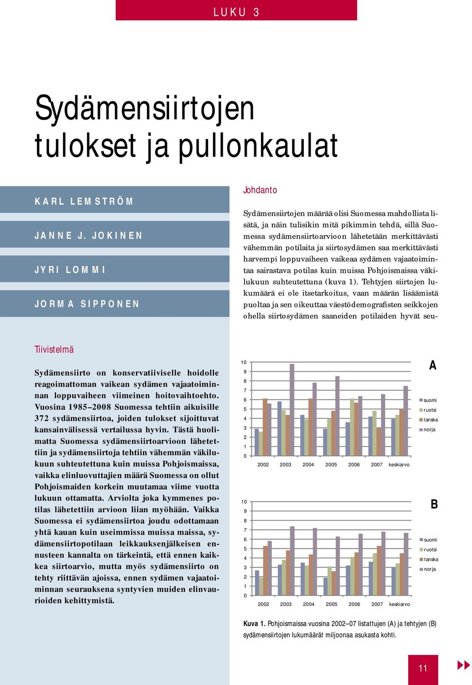 merkittävästi vähemmän potilaita ja siirtosydämen saa merkittävästi harvempi loppuvaiheen vaikeaa sydämen vajaatoimintaa sairastava potilas kuin muissa Pohjoismaissa väkilukuun suhteutettuna (kuva 1).