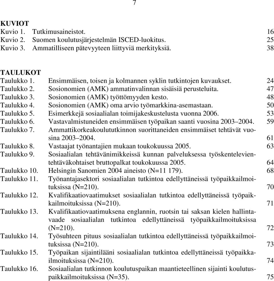 48 Taulukko 4. Sosionomien (AMK) oma arvio työmarkkina-asemastaan. 50 Taulukko 5. Esimerkkejä sosiaalialan toimijakeskustelusta vuonna 2006. 53 Taulukko 6.