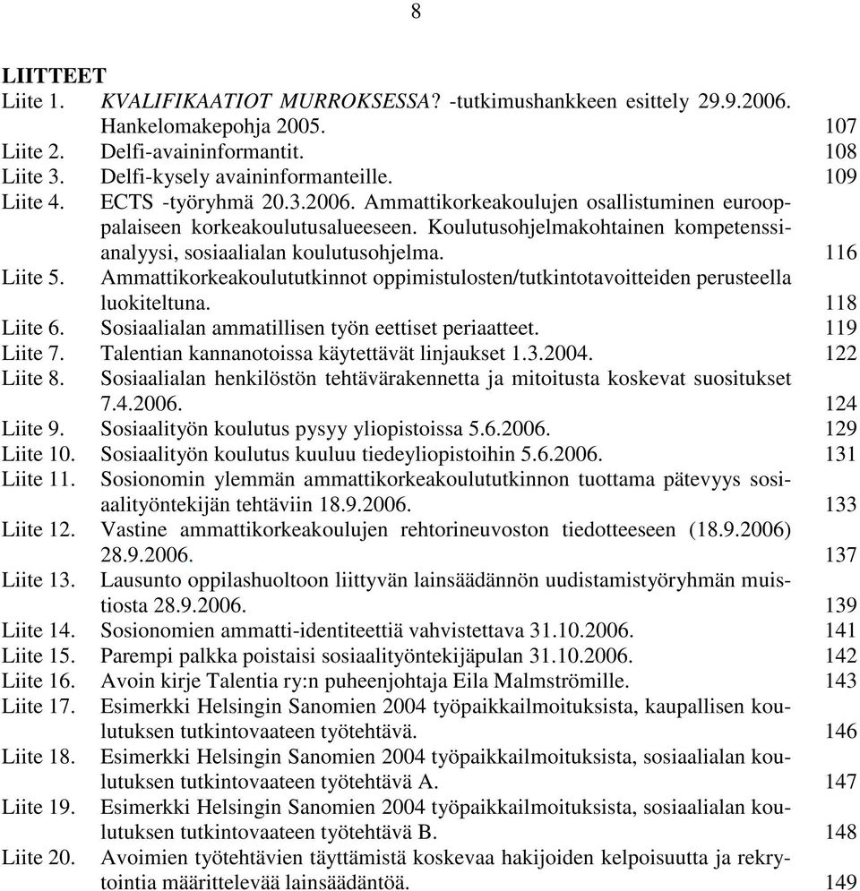 116 Liite 5. Ammattikorkeakoulututkinnot oppimistulosten/tutkintotavoitteiden perusteella luokiteltuna. 118 Liite 6. Sosiaalialan ammatillisen työn eettiset periaatteet. 119 Liite 7.