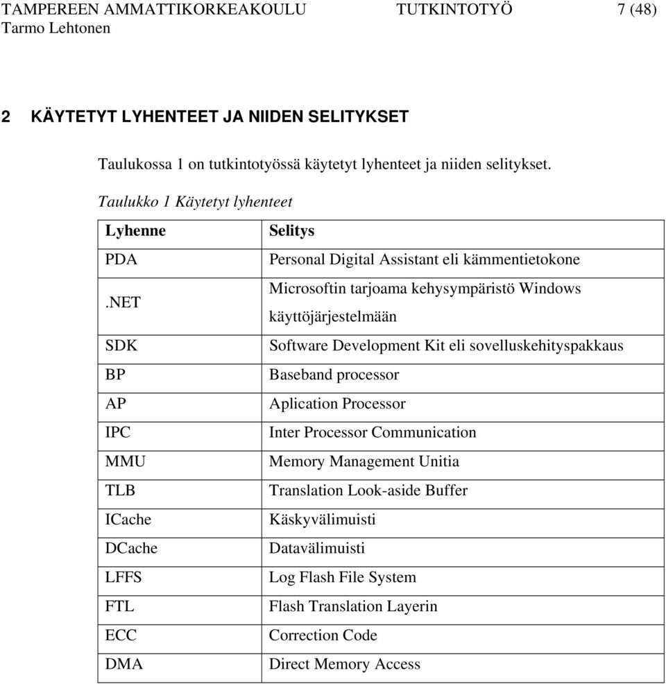 net Microsoftin tarjoama kehysympäristö Windows käyttöjärjestelmään SDK Software Development Kit eli sovelluskehityspakkaus BP Baseband processor AP Aplication