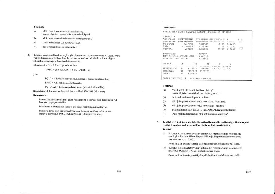 Talousteorian mukaan alkoholin kulutus riippuu alkoholin hinnasta ja kokonaiskulutusmenoista. Alla on estimointitulokset regressiomallista jossa LQC, = 4 + Ål,Rlct+ {.