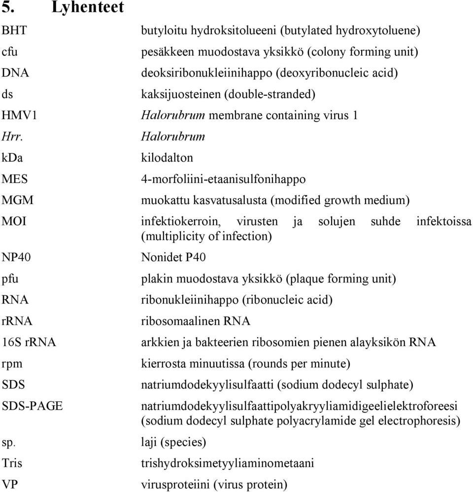 kda MES MGM Halorubrum kilodalton 4-morfoliini-etaanisulfonihappo muokattu kasvatusalusta (modified growth medium) MOI infektiokerroin, virusten ja solujen suhde infektoissa (multiplicity of