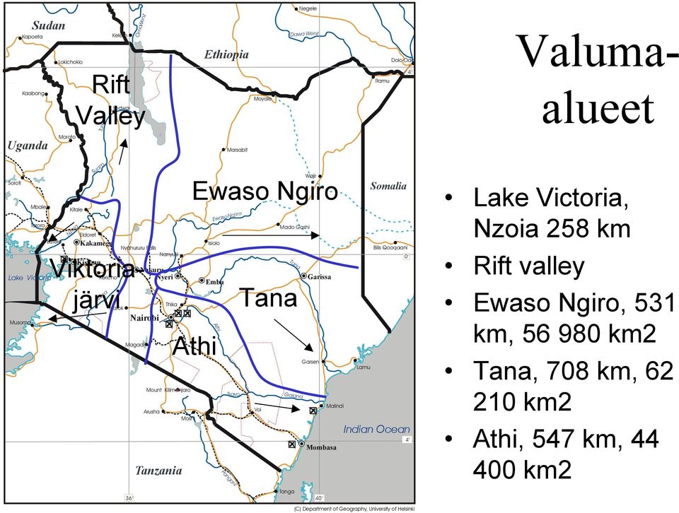 Garissa Embu järvi Mara Narok Nairobi Magadi 36 Thika EwasoNg'iro Mount Kilimanjaro Tsavo Arusha Voi Moshi Tanzania Athi Athi Pangani Tana Tana Galana Garsen Lamu Malindi Indian Ocean 4