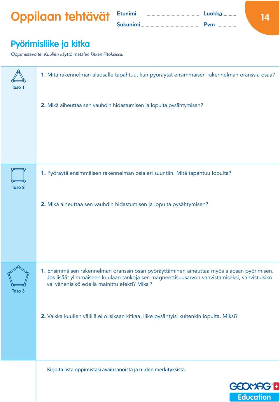 Mikä aiheuttaa sen vauhdin hidastumisen ja lopulta pysähtymisen? 1. Ensimmäisen rakennelman oranssin osan pyöräyttäminen aiheuttaa myös alaosan pyörimisen.