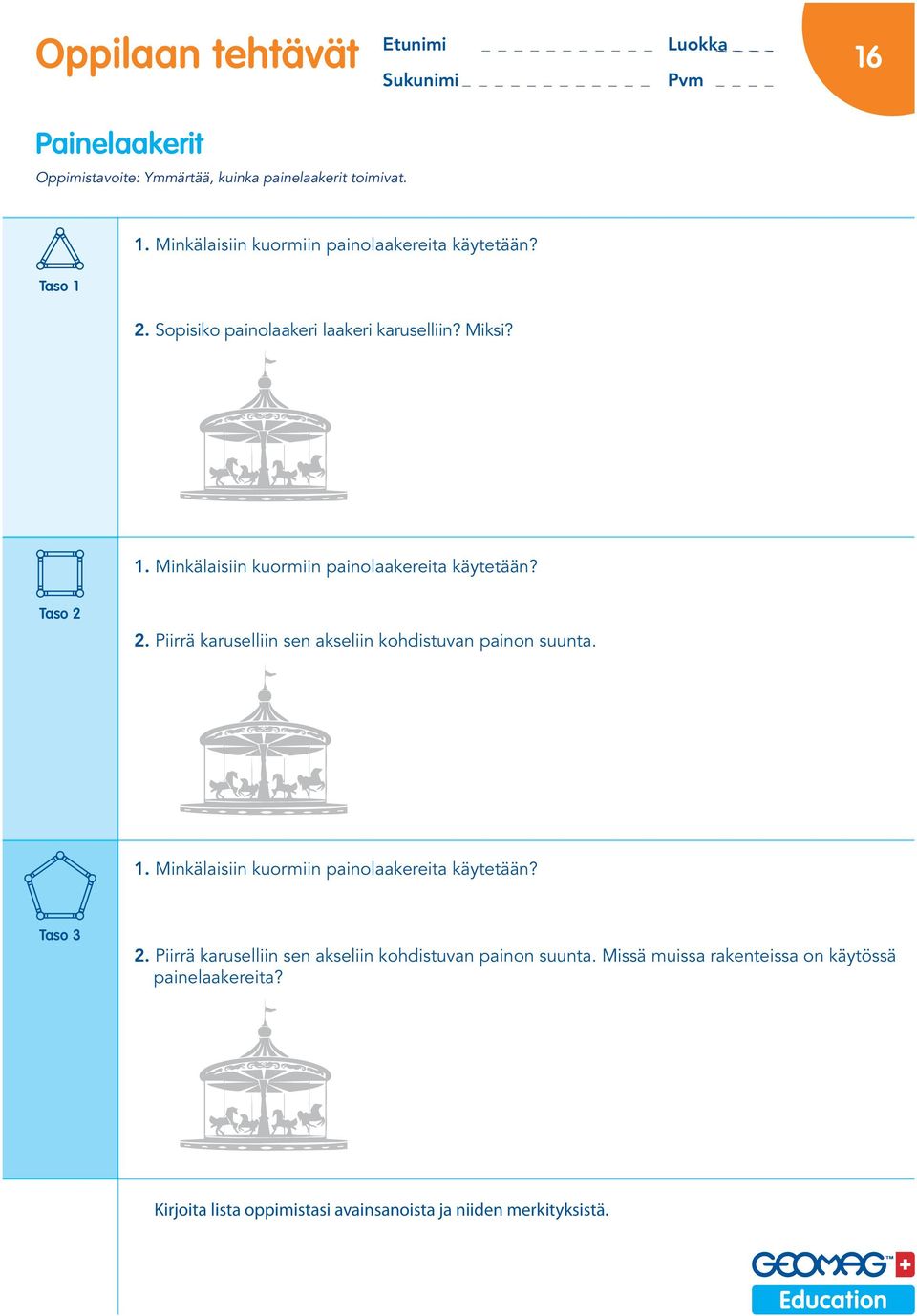 Minkälaisiin kuormiin painolaakereita käytetään? 2. Piirrä karuselliin sen akseliin kohdistuvan painon suunta. 1.