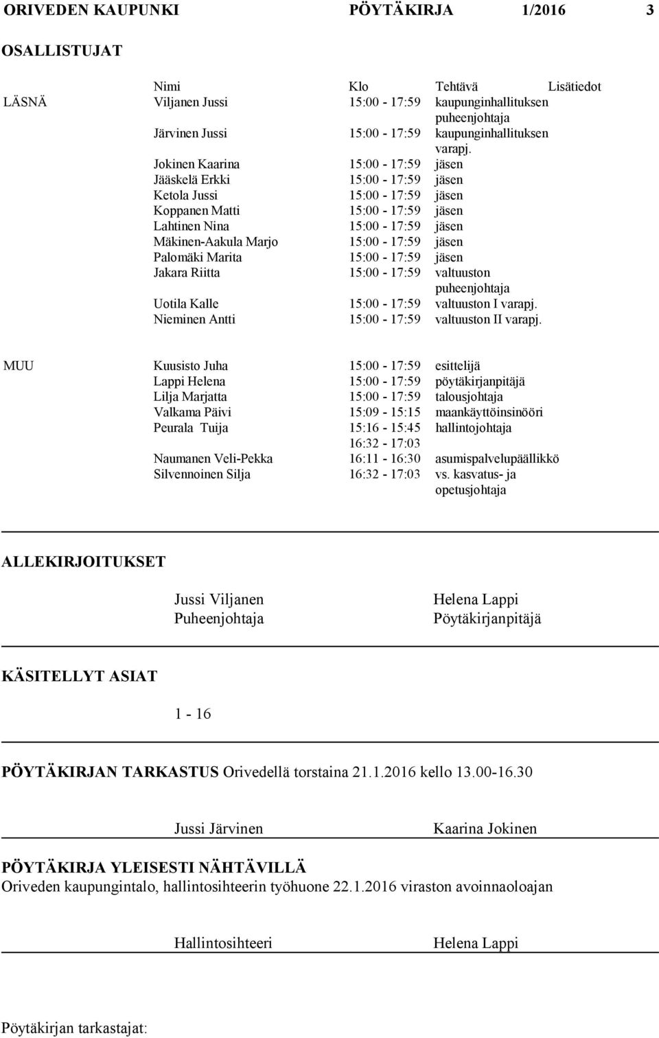 Jokinen Kaarina 15:00-17:59 jäsen Jääskelä Erkki 15:00-17:59 jäsen Ketola Jussi 15:00-17:59 jäsen Koppanen Matti 15:00-17:59 jäsen Lahtinen Nina 15:00-17:59 jäsen Mäkinen-Aakula Marjo 15:00-17:59