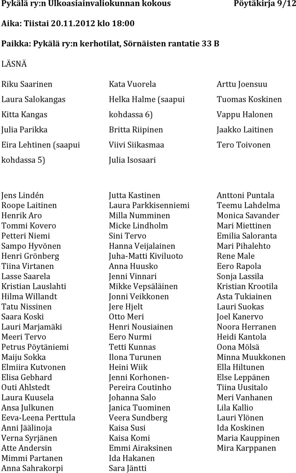 (saapui kohdassa 6) Britta Riipinen Viivi Siikasmaa Julia Isosaari Arttu Joensuu Tuomas Koskinen Vappu Halonen Jaakko Laitinen Tero Toivonen Jens Lindén Roope Laitinen Henrik Aro Tommi Kovero Petteri