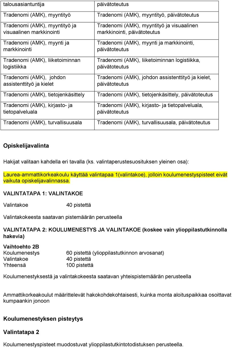 myyntityö ja visuaalinen markkinointi, Tradenomi (AMK), myynti ja markkinointi, Tradenomi (AMK), liiketoiminnan logistiikka, Tradenomi (AMK), johdon assistenttityö ja kielet, Tradenomi (AMK),