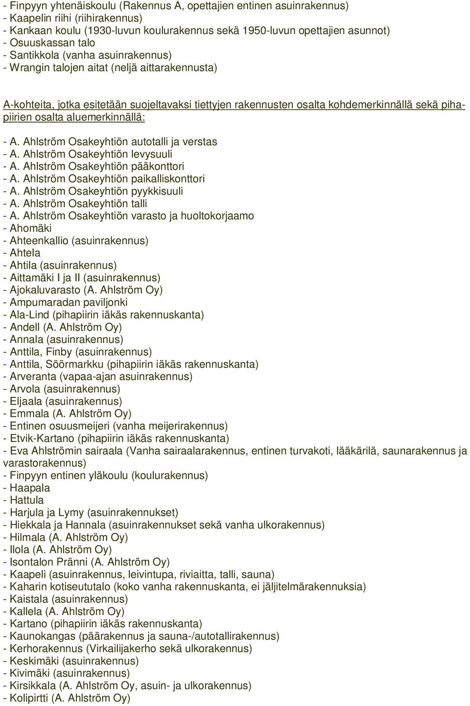 aluemerkinnällä: - A. Ahlström Osakeyhtiön autotalli ja verstas - A. Ahlström Osakeyhtiön levysuuli - A. Ahlström Osakeyhtiön pääkonttori - A. Ahlström Osakeyhtiön paikalliskonttori - A.