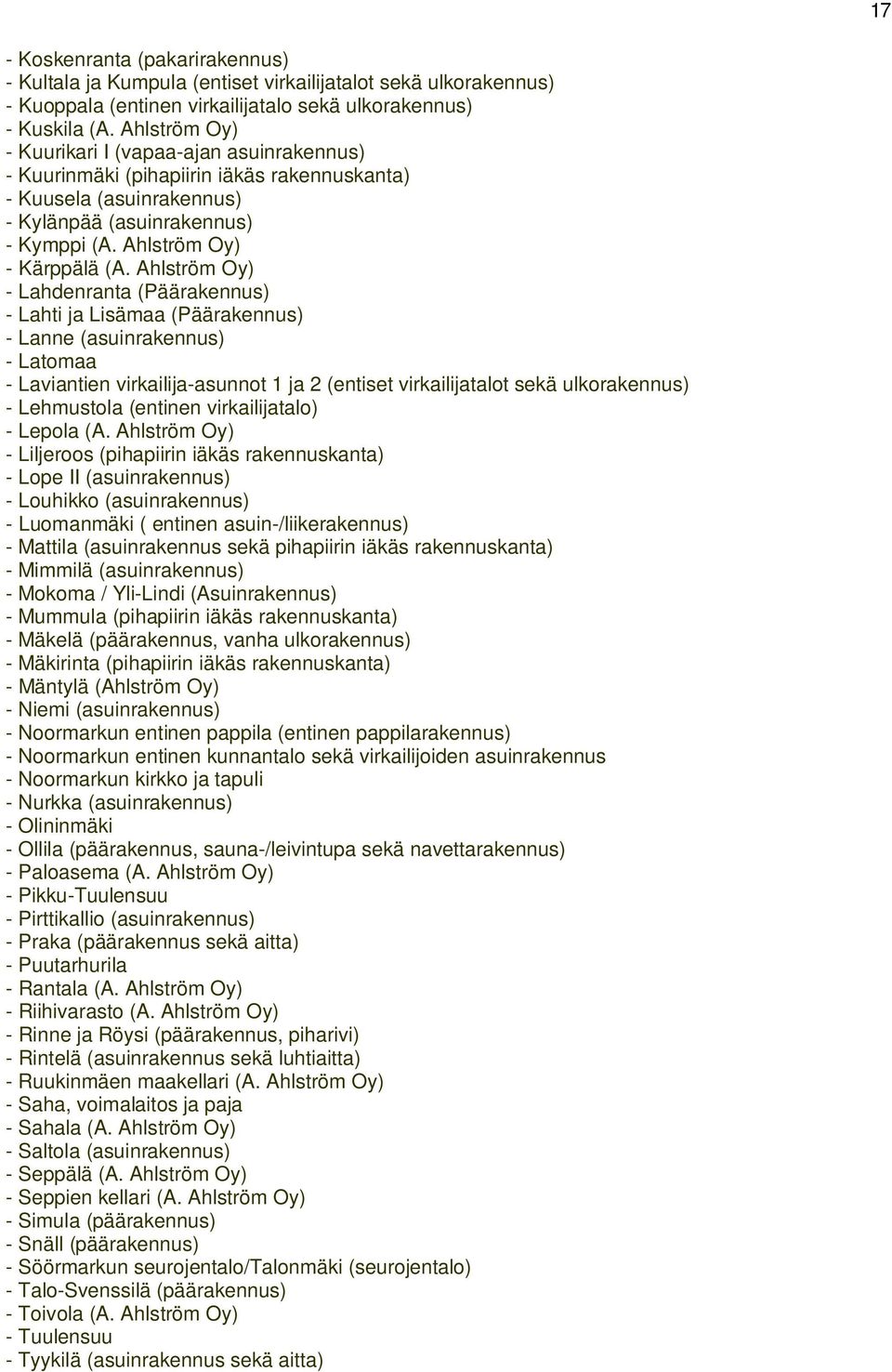 Ahlström Oy) - Lahdenranta (Päärakennus) - Lahti ja Lisämaa (Päärakennus) - Lanne (asuinrakennus) - Latomaa - Laviantien virkailija-asunnot 1 ja 2 (entiset virkailijatalot sekä ulkorakennus) -