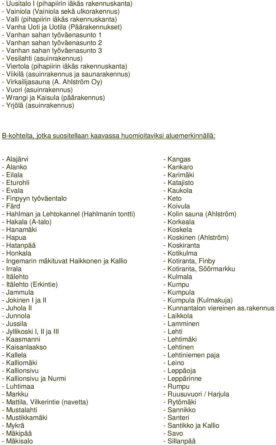 Ahlström Oy) - Vuori (asuinrakennus) - Wrangi ja Kaisula (päärakennus) - Yrjölä (asuinrakennus) B-kohteita, jotka suositellaan kaavassa huomioitaviksi aluemerkinnällä: - Alajärvi - Kangas - Alanko -