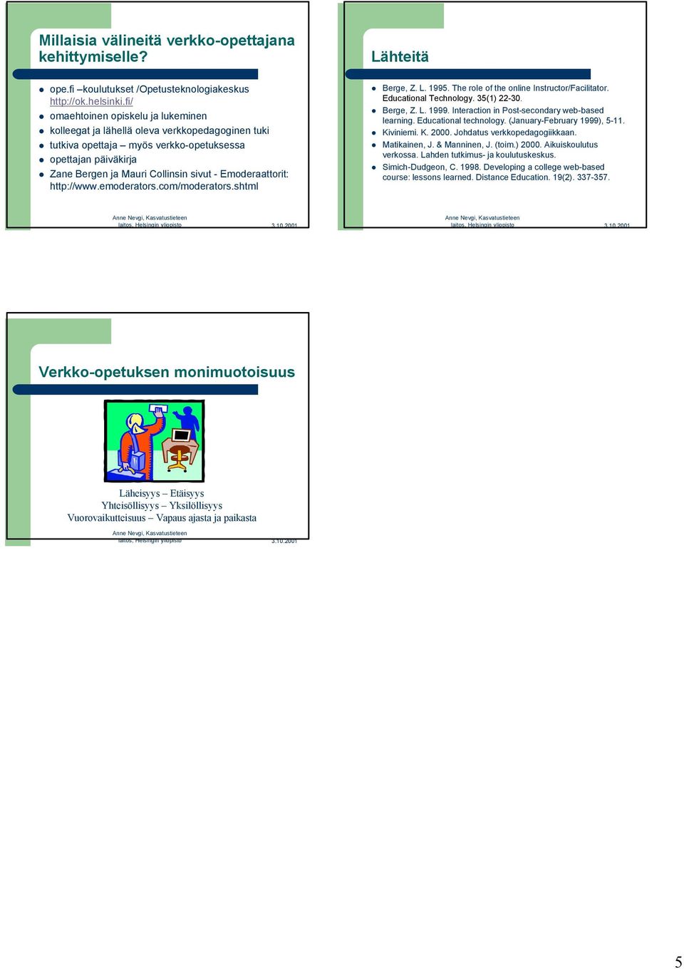 Emoderaattorit: http://www.emoderators.com/moderators.shtml Lähteitä Berge, Z. L. 1995. The role of the online Instructor/Facilitator. Educational Technology. 35(1) 22-30. Berge, Z. L. 1999.