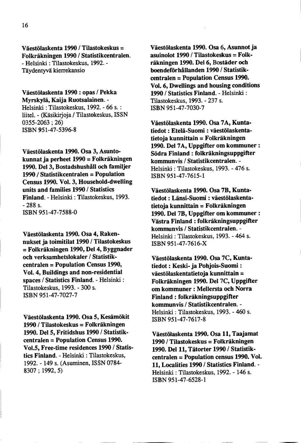 - (Käsikirjoja / Tilastokeskus, ISSN 0355-2063 ; 26) ISBN 951-47-5396-8 Väestölaskenta 1990. Osa 3, Asuntokunnat ja perheet 1990 = Folkräkningen 1990.