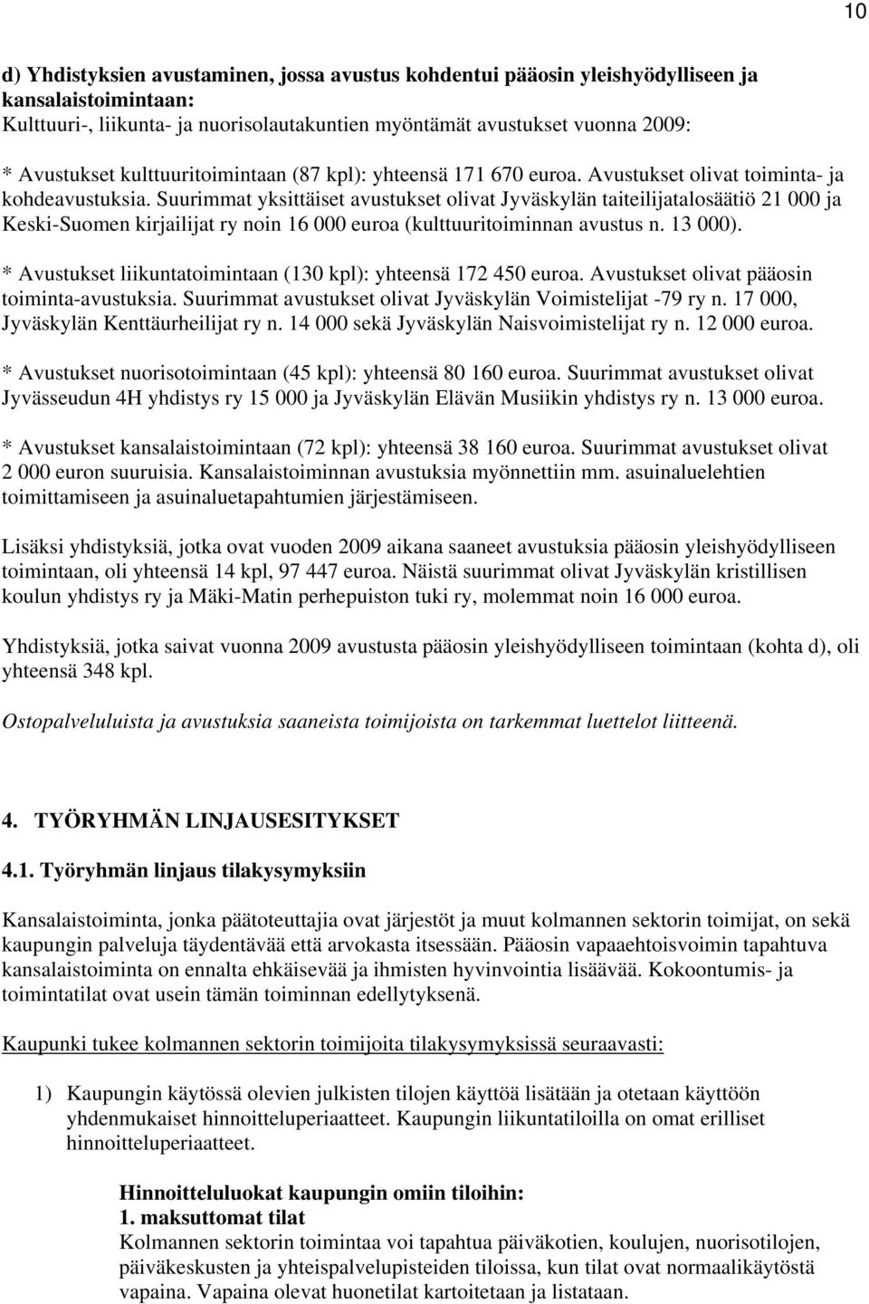 Suurimmat yksittäiset avustukset olivat Jyväskylän taiteilijatalosäätiö 21 000 ja Keski-Suomen kirjailijat ry noin 16 000 euroa (kulttuuritoiminnan avustus n. 13 000).