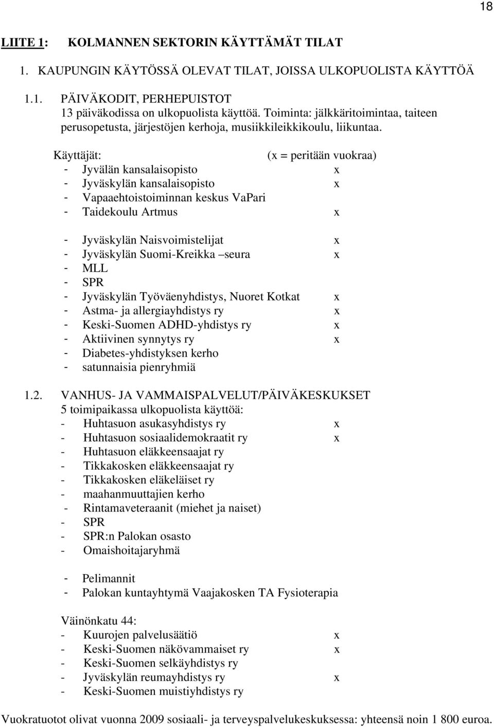 Käyttäjät: (x = peritään vuokraa) - Jyvälän kansalaisopisto x - Jyväskylän kansalaisopisto x - Vapaaehtoistoiminnan keskus VaPari - Taidekoulu Artmus x - Jyväskylän Naisvoimistelijat x - Jyväskylän