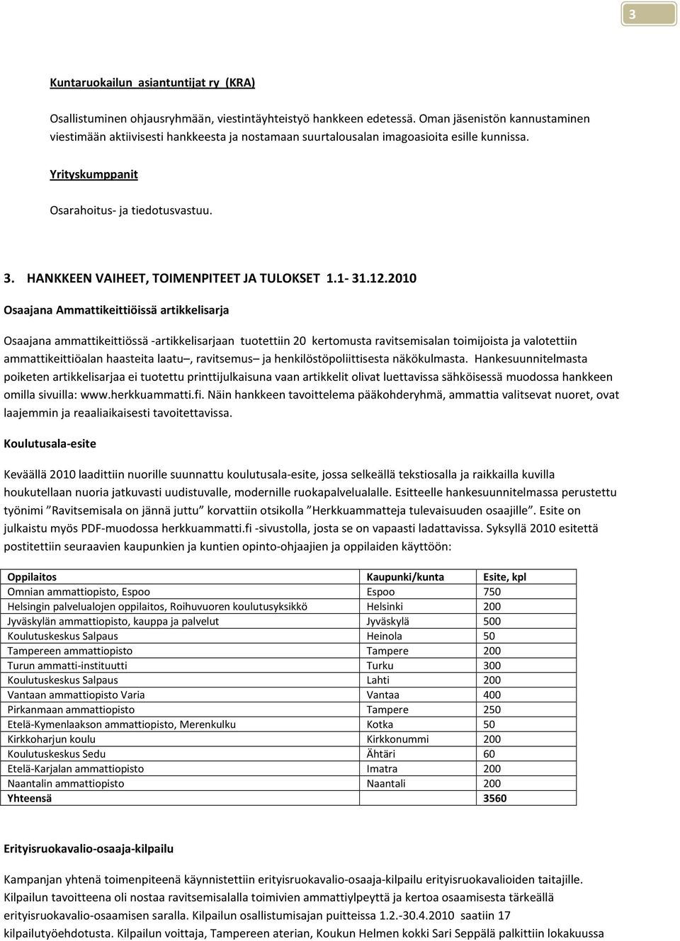 HANKKEEN VAIHEET, TOIMENPITEET JA TULOKSET 1.1-31.12.