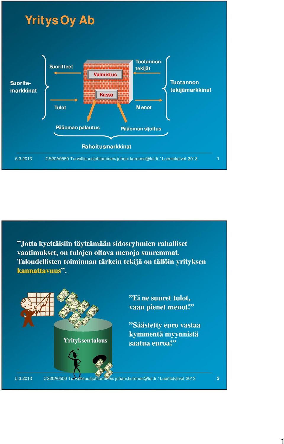 fi / Luentokalvot 2013 1 Jotta kyettäisiin täyttämään sidosryhmien rahalliset vaatimukset, on tulojen oltava menoja suuremmat.