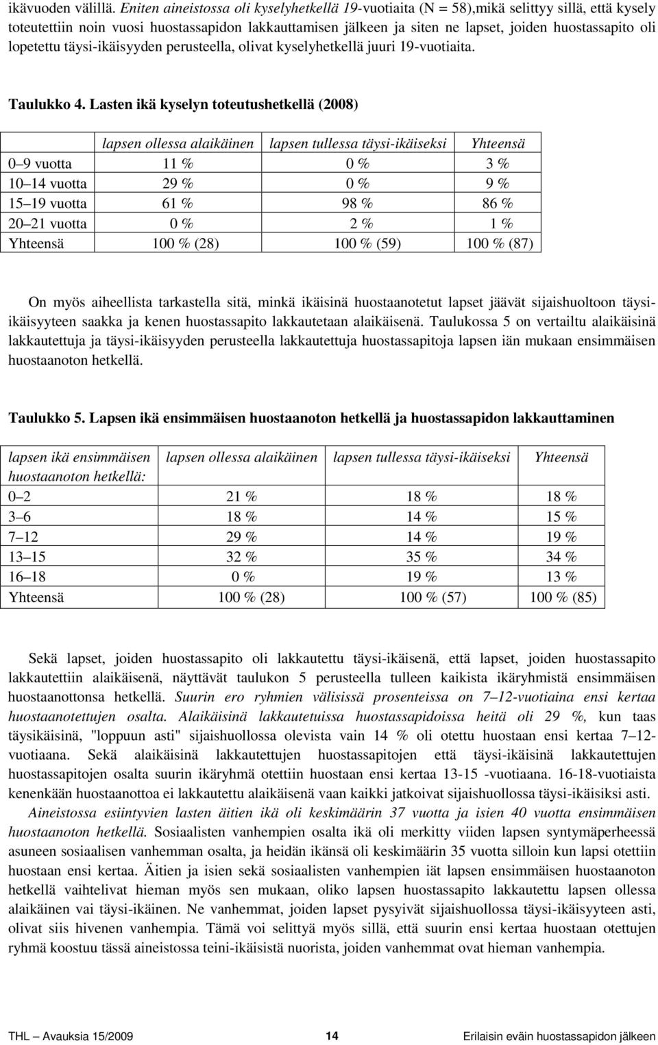 lopetettu täysi-ikäisyyden perusteella, olivat kyselyhetkellä juuri 19-vuotiaita. Taulukko 4.