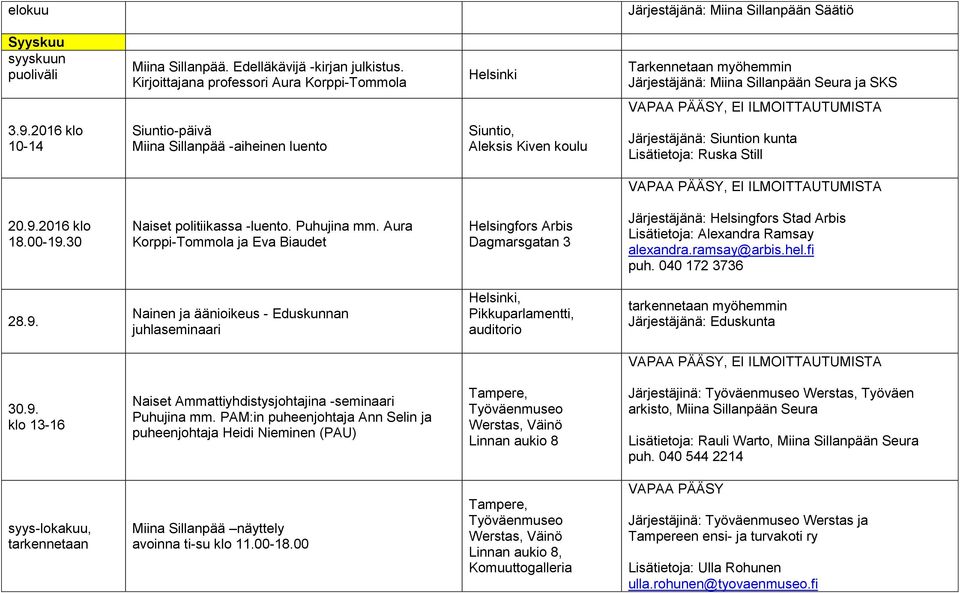 2016 klo 10-14 Siuntio-päivä Miina Sillanpää -aiheinen luento Siuntio, Aleksis Kiven koulu Järjestäjänä: Siuntion kunta Lisätietoja: Ruska Still 20.9.2016 klo 18.00-19.30 Naiset politiikassa -luento.