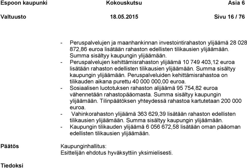 - Peruspalvelujen kehittämisrahaston ylijäämä 10 749 403,12 euroa lisätään rahaston edellisten tilikausien ylijäämään. Summa sisältyy kaupungin ylijäämään.