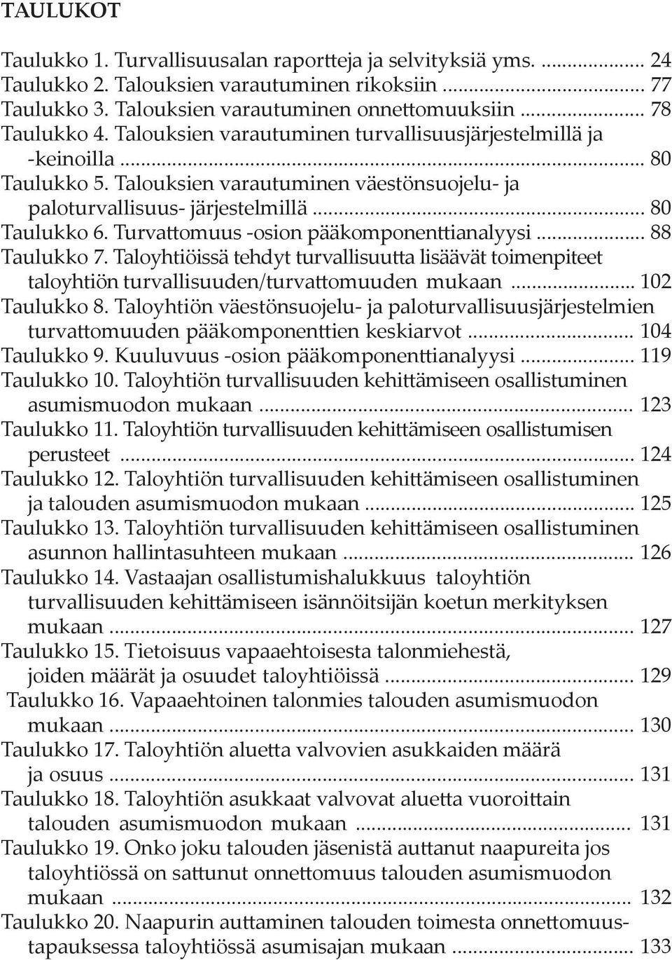 Turvattomuus -osion pääkomponenttianalyysi... 88 Taulukko 7. Taloyhtiöissä tehdyt turvallisuutta lisäävät toimenpiteet taloyhtiön turvallisuuden/turvattomuuden mukaan... 102 Taulukko 8.