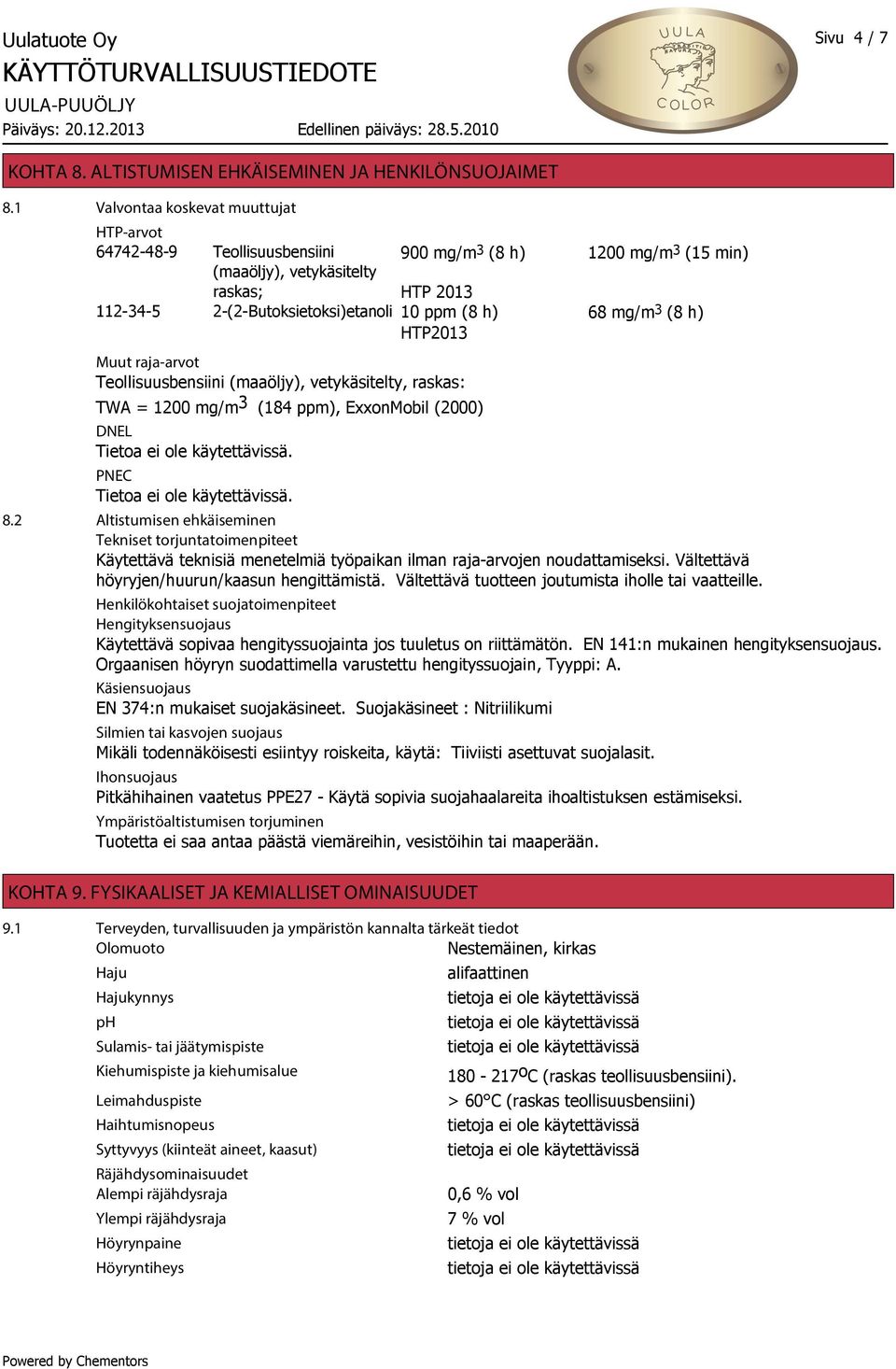 68 mg/m 3 (8 h) HTP2013 Muut raja-arvot Teollisuusbensiini (maaöljy), vetykäsitelty, raskas: TWA = 1200 mg/m 3 (184 ppm), ExxonMobil (2000) DNEL PNEC 8.